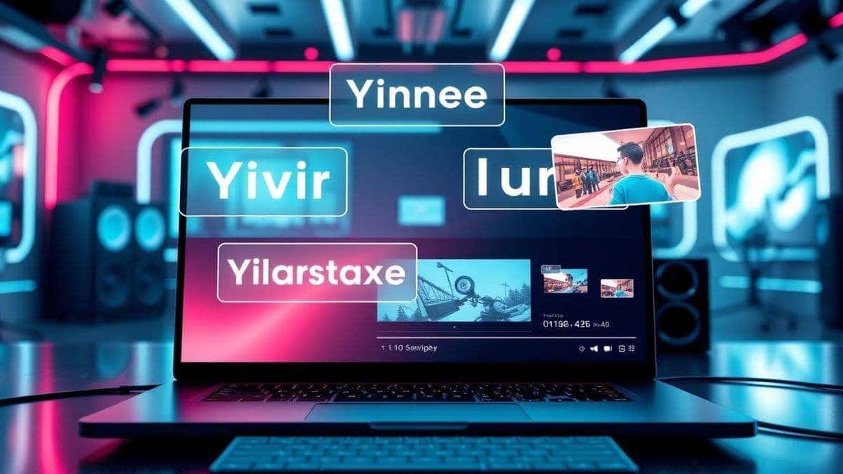 A futuristic workspace showing a laptop with an AI video generator interface, floating text prompts transforming into animated video clips, modern studio setting, cyberpunk color palette, 4k, high detail