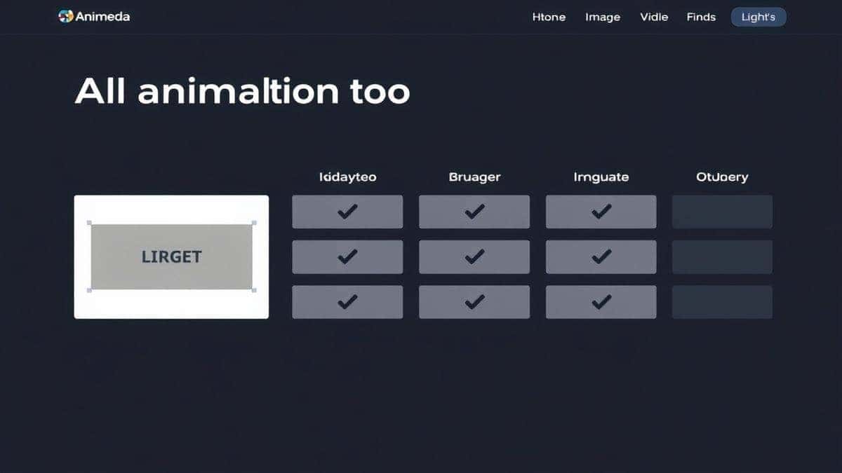 A side-by-side comparison chart of three AI animation tools displayed on a website, with checkmarks for features like 'Free', 'No Login', 'Text to Video', 'Image to Video', and 'High Quality', against a sleek, professional dark background
