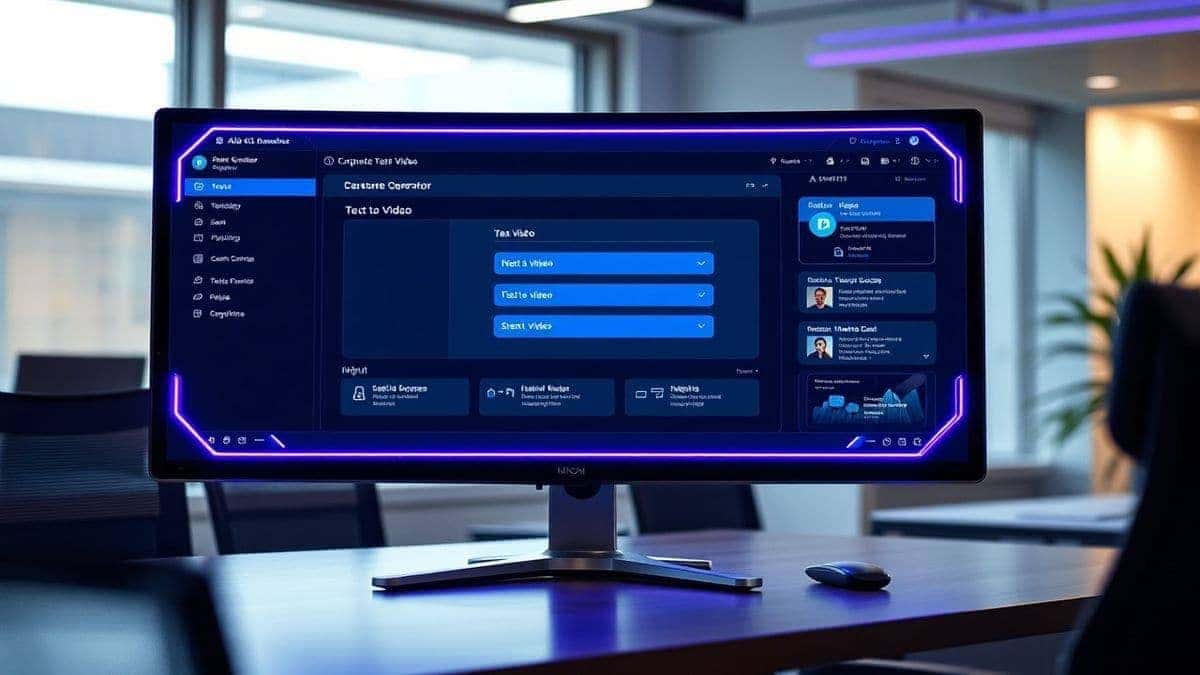 Sleek computer monitor displaying the dashboard of an AI corporate video generator, showing text-to-video input fields, futuristic UI, glowing blue and purple accents, professional office setting, 8k