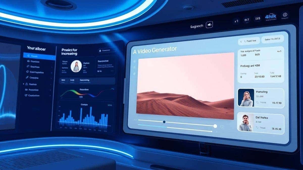 A futuristic digital dashboard showing an AI video generator interface for ecommerce, with a product image transforming into a video clip, clean user interface, modern design, 4k resolution, soft blue lighting