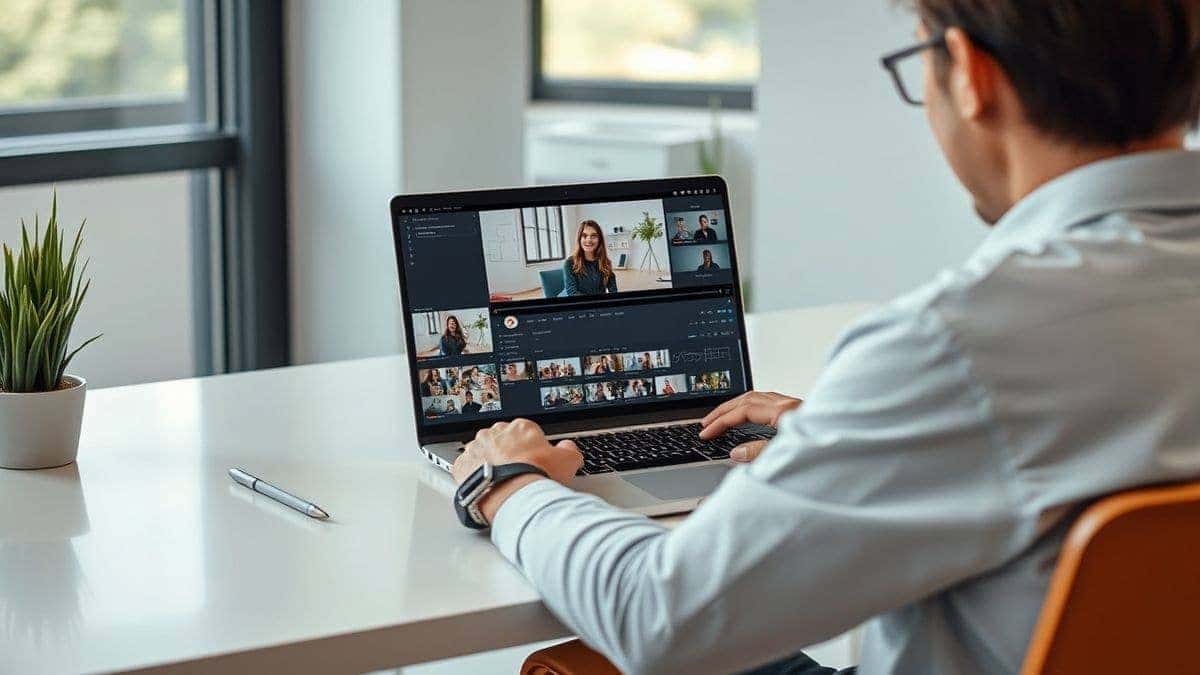 a person sitting at a modern desk editing an educational video on a laptop with AI interface overlays, showing text prompts converting to video scenes, clean and professional workspace, 4k, natural lighting