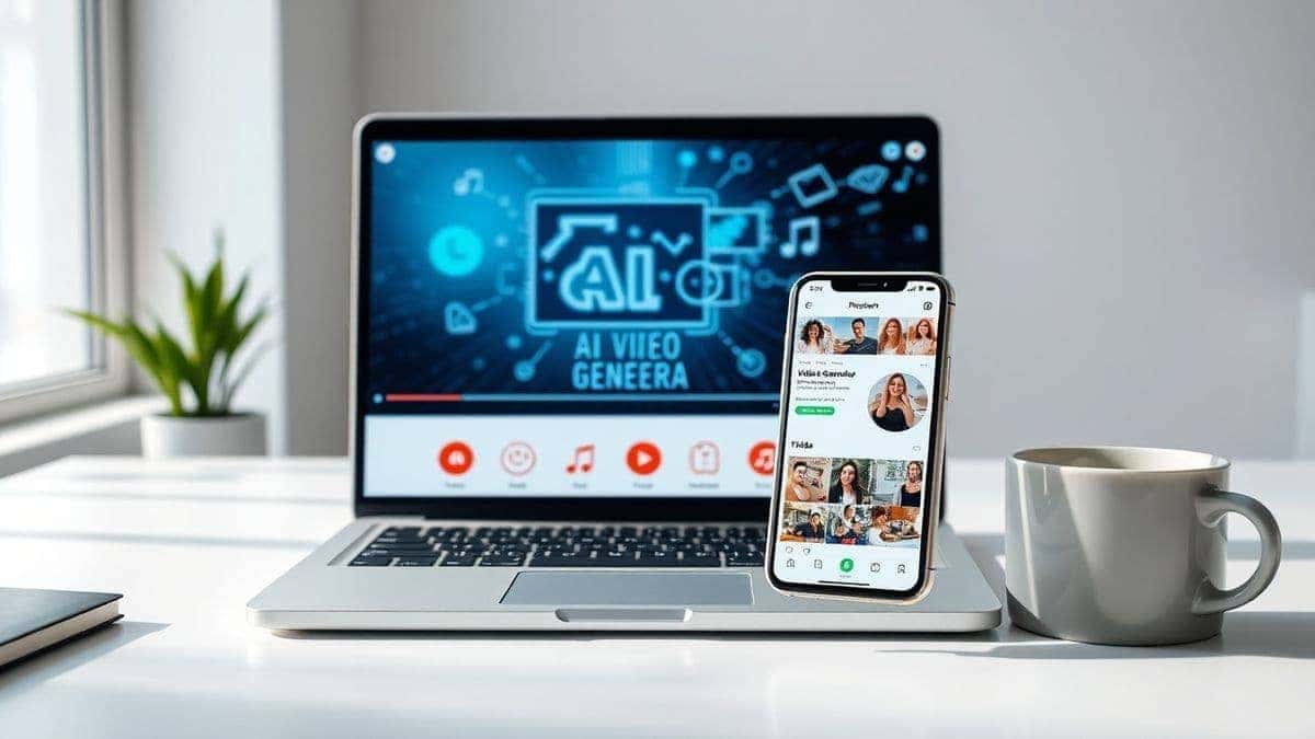A modern workspace showing a laptop screen with an AI video generator interface, a smartphone displaying an Instagram profile with video content, and a coffee cup. The scene is bright, clean, and conveys creativity and efficiency. 4k, photorealistic style.