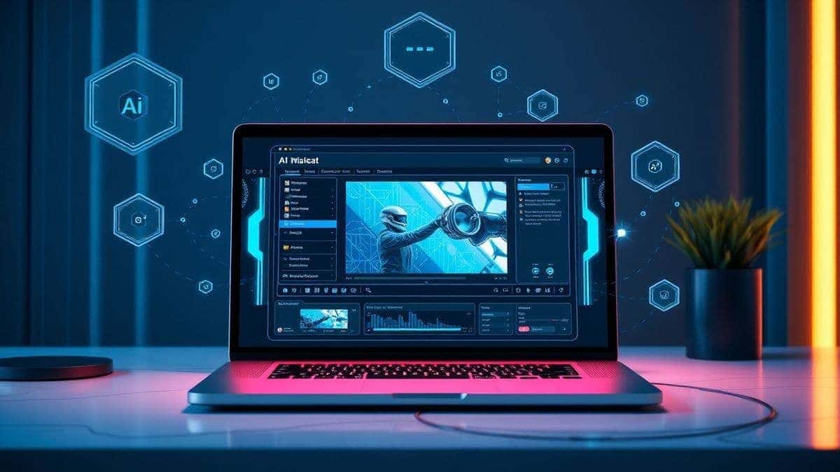 A modern digital workspace showing a laptop screen with an AI video generator interface, futuristic holographic elements floating around, clean design, 4k, photorealistic style