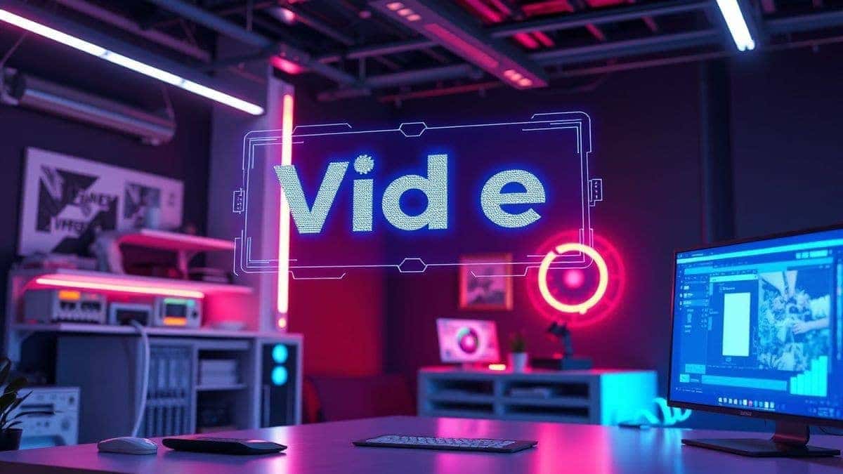 futuristic designer workspace with holographic AI interface showing text to video conversion, product demo scene floating in air, neon lighting, ultra modern, 4k, photorealistic