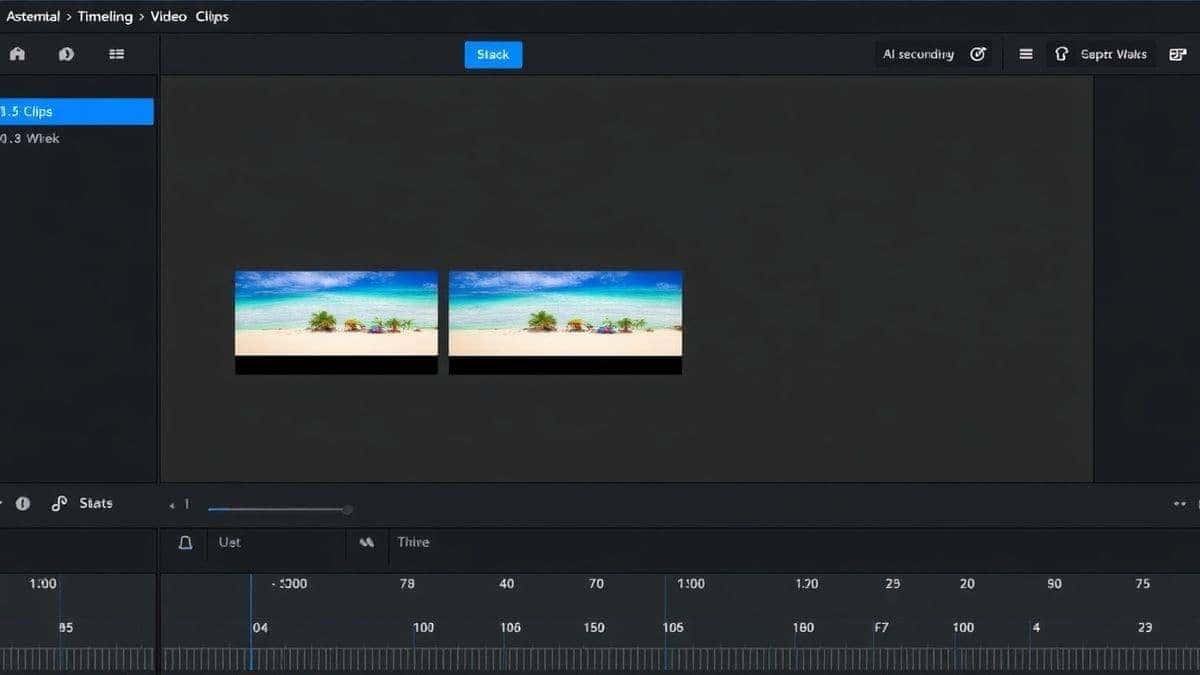 A close-up screenshot of a video editing software timeline showing three separate 5-second AI-generated video clips stacked in sequence. The clips have thumbnail images of beaches and tropical scenes. The interface is clean and organized, demonstrating the assembly process.