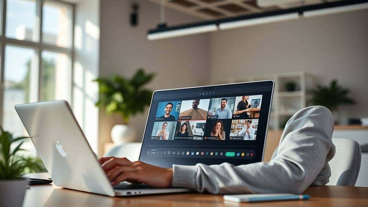 A creative professional using a laptop with a futuristic AI video interface, generating multiple social media video clips for TikTok, Instagram Reels, and YouTube Shorts, modern office setting, bright and airy, 4k