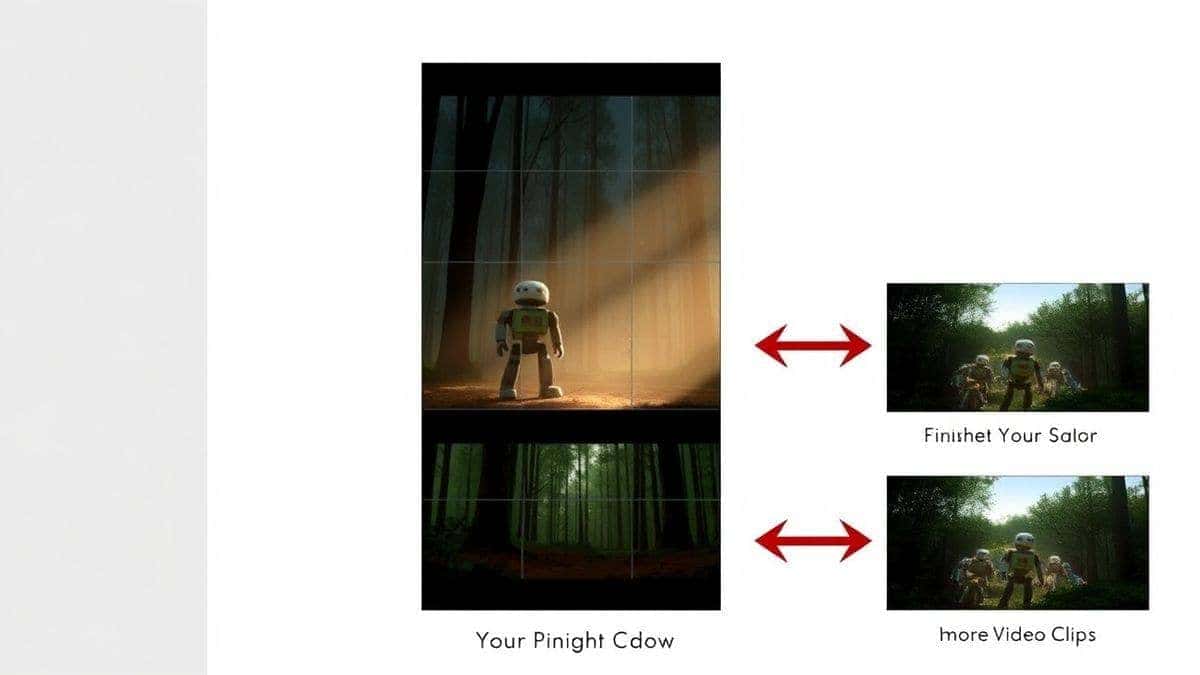 Example storyboard showing three panels of a robot in a forest transitioning from dark to light, with arrows pointing to finished video clips, demonstrating the image-to-video workflow, clean graphic design style