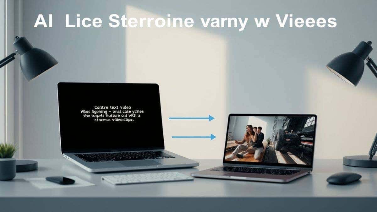 A visual workflow showing the step-by-step process of creating AI storytelling videos, featuring a laptop screen with text being converted into a cinematic video clip, modern desk setup, soft lighting, 4k quality