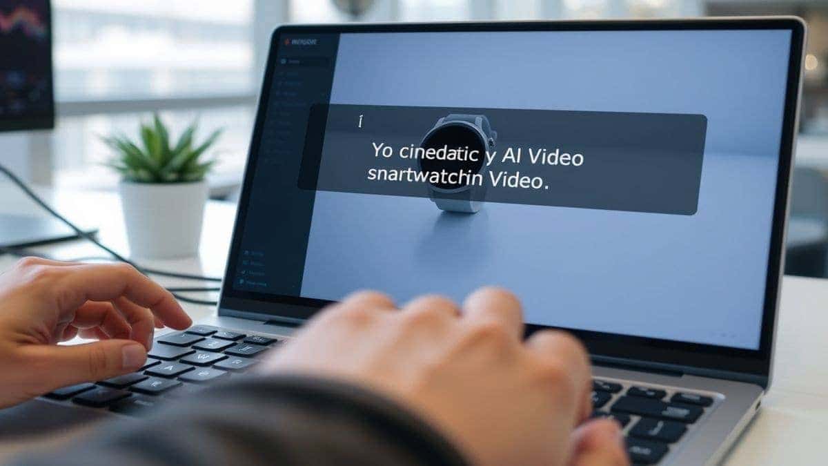 A person typing a detailed text prompt into the 'Free AI Video Generator Online' interface, the prompt reads 'cinematic product video of a smartwatch on a reflective surface', close up on the keyboard and screen, modern workspace, 4k A person typing a detailed text prompt into the 'Free AI Video Generator Online' interface, the prompt reads 'cinematic product video of a smartwatch on a reflective surface', close up on the keyboard and screen, modern workspace, 4k