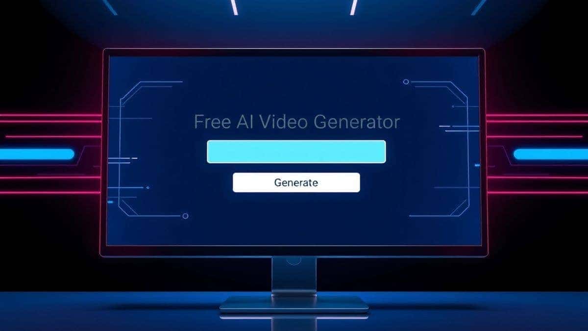 A sleek, modern computer monitor displaying the Free AI Video Generator Online interface, with a text prompt box and a 