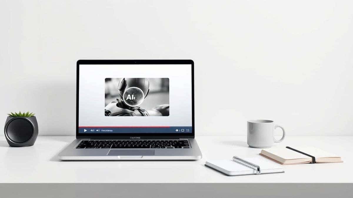 A futuristic, minimalist workspace showing a laptop with an AI video generator interface, a coffee cup, and a notebook, representing the ease of AI video creation for beginners, clean white background, 4k, high resolution A futuristic, minimalist workspace showing a laptop with an AI video generator interface, a coffee cup, and a notebook, representing the ease of AI video creation for beginners, clean white background, 4k, high resolution
