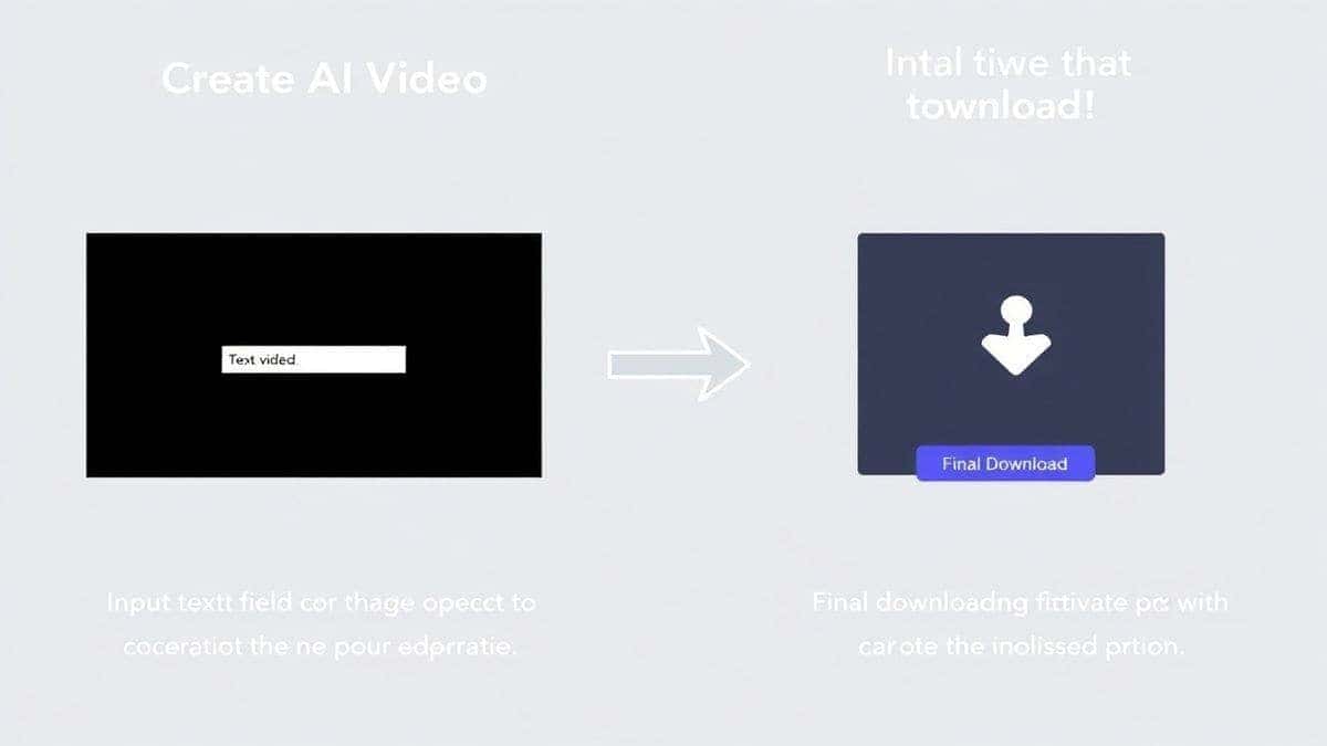 step by step visualization of creating AI video from text prompt to final download, showing input field, processing animation, and download button, clean interface design, bright professional colors, instructional style