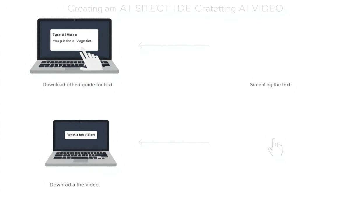 Step-by-step visual guide showing the process of creating an AI video, from typing a text prompt on a laptop to the download button appearing, clean workflow diagram style, digital art, high resolution