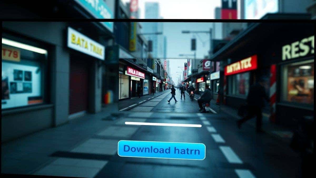A computer screen showing the final downloaded AI-generated video file icon and a preview of the video itself, a short clip of a cyberpunk street scene, ready to use, clean and sharp image, download button highlighted