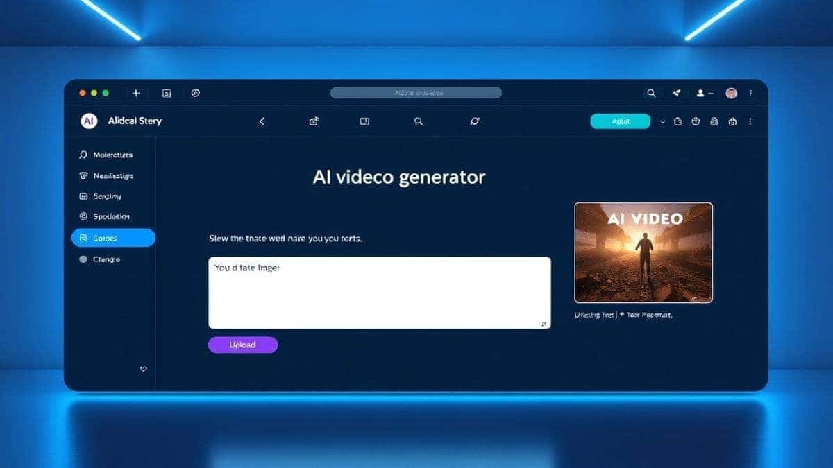 A sleek, modern web interface showing an AI video generator dashboard, with a text prompt box and an image upload area, futuristic blue lighting, 4k resolution, high-tech aesthetic A sleek, modern web interface showing an AI video generator dashboard, with a text prompt box and an image upload area, futuristic blue lighting, 4k resolution, high-tech aesthetic