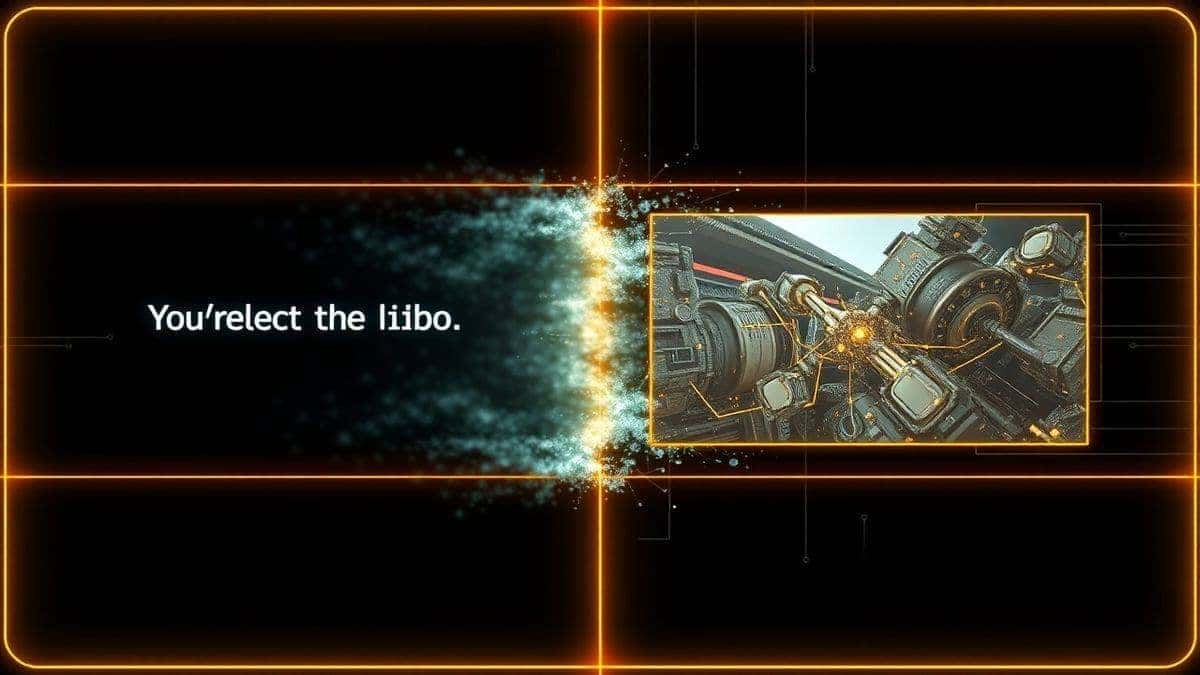 AI video generation process showing text prompt on left transforming into a dynamic video clip on right, futuristic interface, glowing lines, 4k resolution, high detail