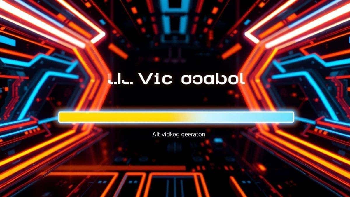 AI video generation loading screen with progress indicator, modern interface showing processing animation, blue and white color scheme, clean UI design