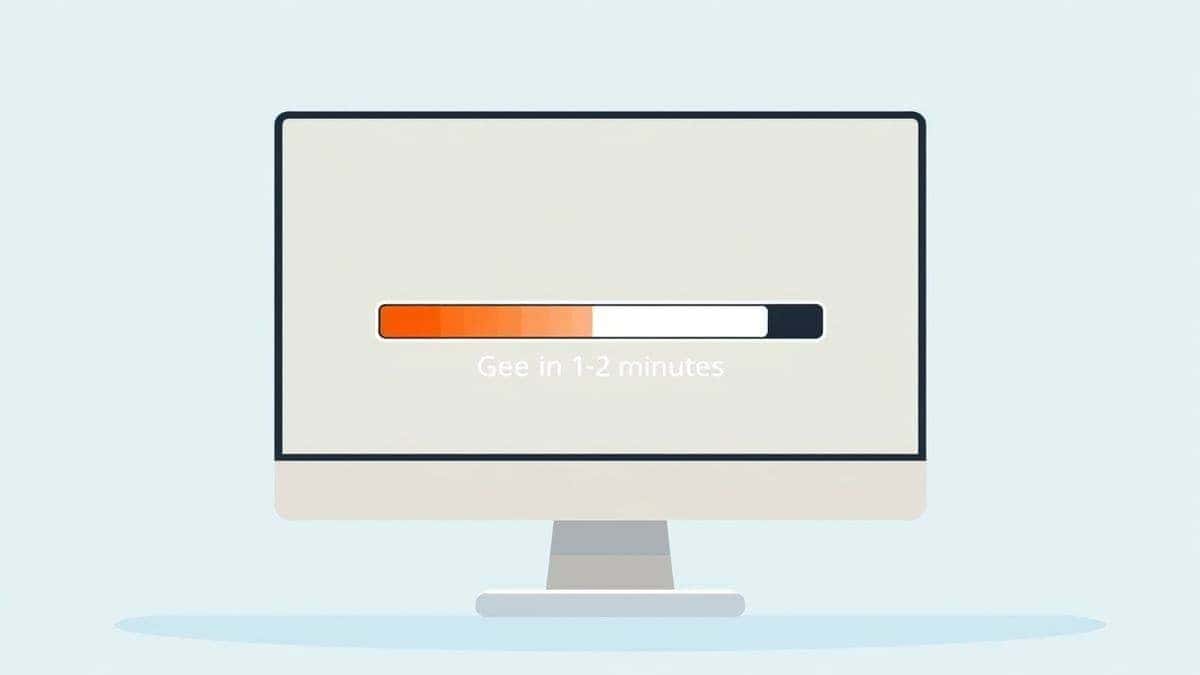 An animated loading bar on a computer screen showing the progress of an AI video generation, text reading generating in 1-2 minutes, soft blue gradient background