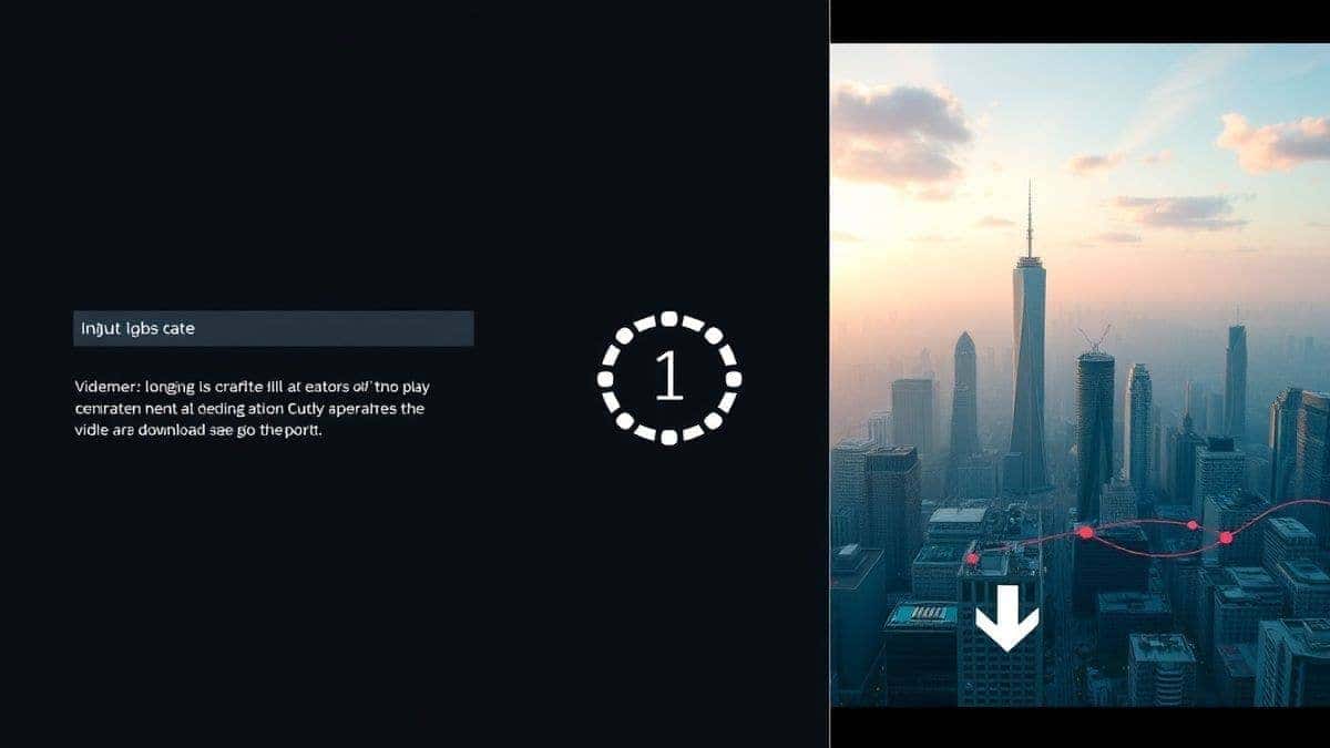 Step by step visual guide showing text input, AI processing animation, and video output download on a computer screen, clean workflow design, bright colors, instructional style, 4k