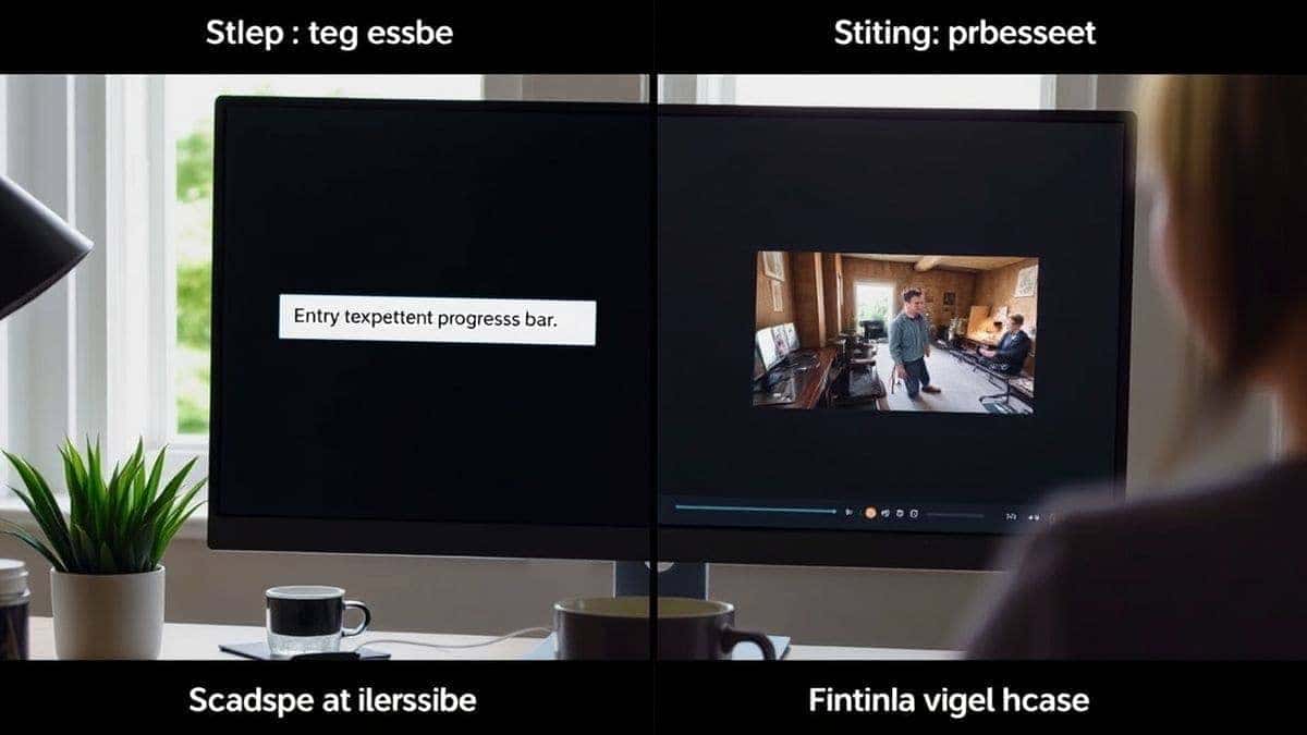Step-by-step visual guide showing text prompt entry, loading progress bar, and final video output on a computer screen, bright workspace, coffee cup, professional setup