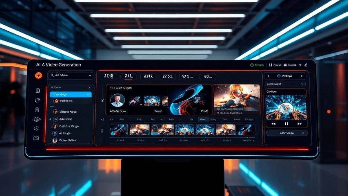 A futuristic agency dashboard interface showing AI video generation tools, with a timeline and preview window, sleek neon lighting, modern office background, 4k, high detail