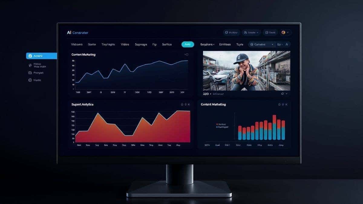 futuristic AI video generator interface dashboard, content marketing analytics displayed, sleek dark mode design, 4k resolution, photorealistic computer screen with video creation tools