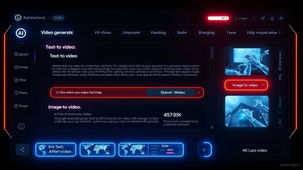 Futuristic AI video generator dashboard interface with glowing neon buttons, text-to-video and image-to-video options highlighted, dark theme, 4k resolution, cinematic lighting Futuristic AI video generator dashboard interface with glowing neon buttons, text-to-video and image-to-video options highlighted, dark theme, 4k resolution, cinematic lighting