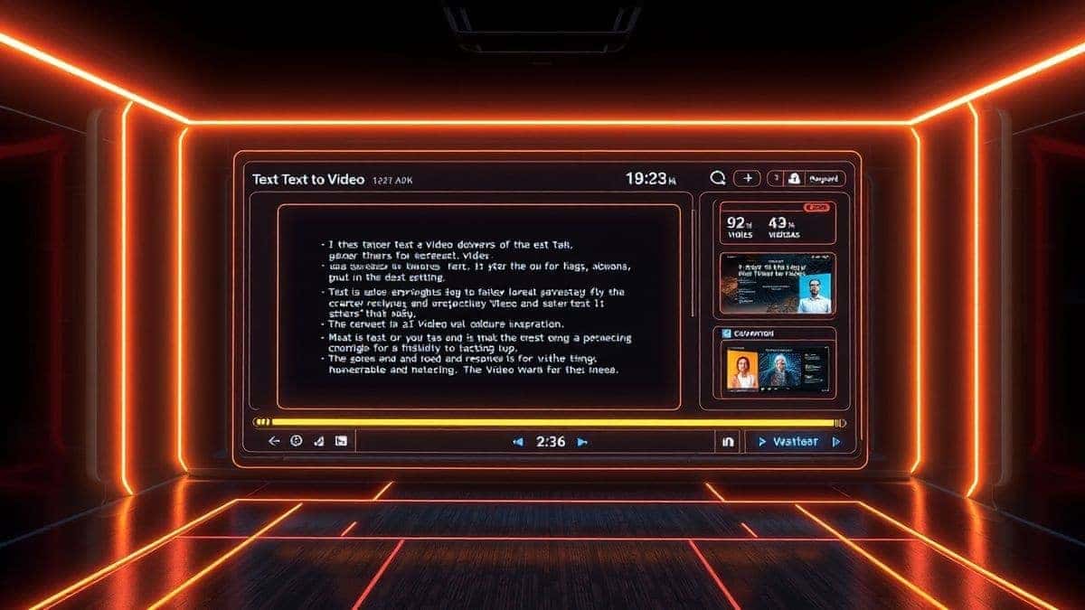 Futuristic AI video generator interface for startups, glowing neon lines, text to video conversion dashboard, clean dark mode, 4k resolution, high tech aesthetic