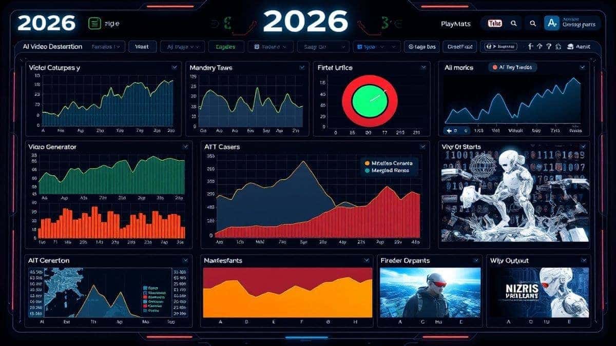 A futuristic dashboard displaying various AI video generation trends for 2026, showing graphs, text prompts, and video outputs, cyberpunk aesthetic, 4k, high detail