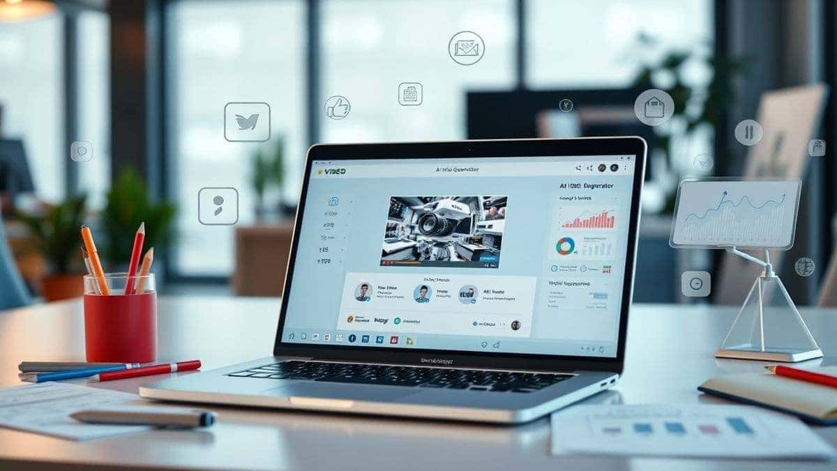 A professional digital workspace showing a laptop with an AI video generator interface open, surrounded by marketing strategy notes, social media icons, and video analytics graphs, modern office setting, bright and clean, 4k A professional digital workspace showing a laptop with an AI video generator interface open, surrounded by marketing strategy notes, social media icons, and video analytics graphs, modern office setting, bright and clean, 4k