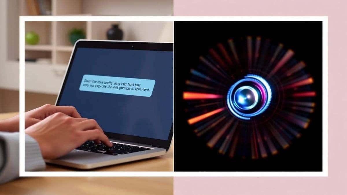 A split screen showing a person typing a text prompt on a laptop on the left, and a vibrant, high-quality 5-second promotional video clip of a product spinning on the right, clean interface, 4k, photorealistic style A split screen showing a person typing a text prompt on a laptop on the left, and a vibrant, high-quality 5-second promotional video clip of a product spinning on the right, clean interface, 4k, photorealistic style