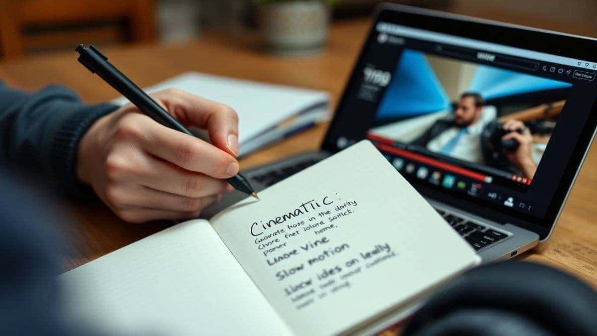 A person writing in a notebook with descriptive words like cinematic, 4k, slow motion, next to a laptop showing the AI video generator, process of creating effective prompts for AI video, detailed shot, 4k A person writing in a notebook with descriptive words like cinematic, 4k, slow motion, next to a laptop showing the AI video generator, process of creating effective prompts for AI video, detailed shot, 4k