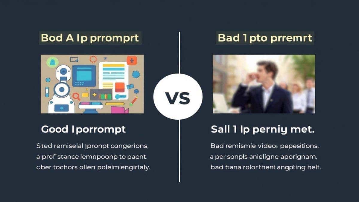 An infographic style image showing a good AI prompt vs a bad AI prompt for video generation. Good prompt side is detailed, colorful, and results in a clear video clip. Bad prompt side is simple and results in a blurry mess. Educational, clean layout