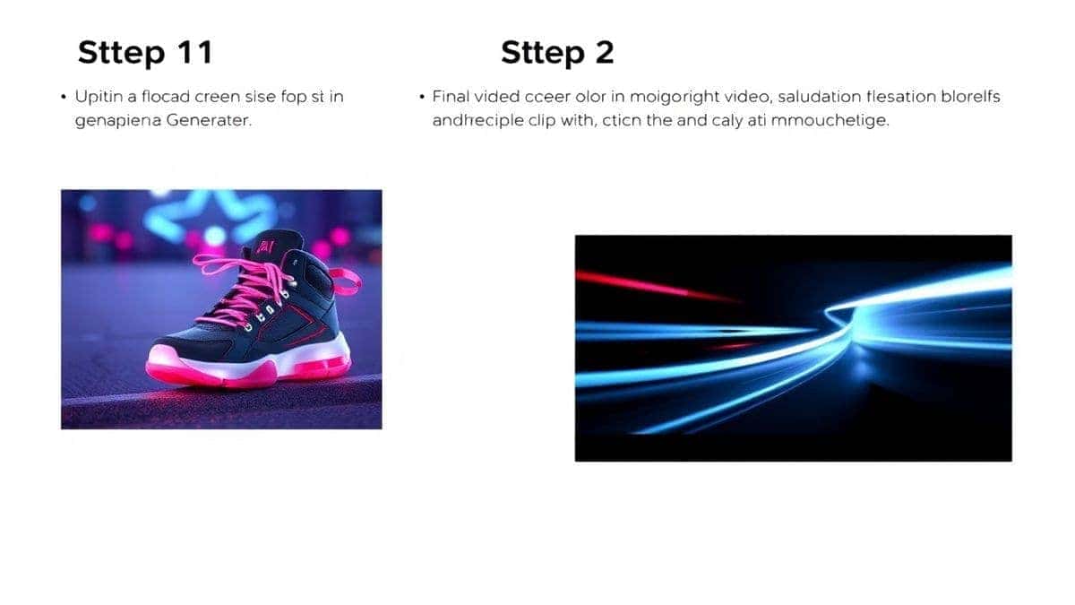 A three-panel infographic showing Step 1: a static AI-generated image of futuristic sneakers, Step 2: the upload screen of the free ai video generator, Step 3: the final video clip with motion blur and light trails, clean lines, educational style