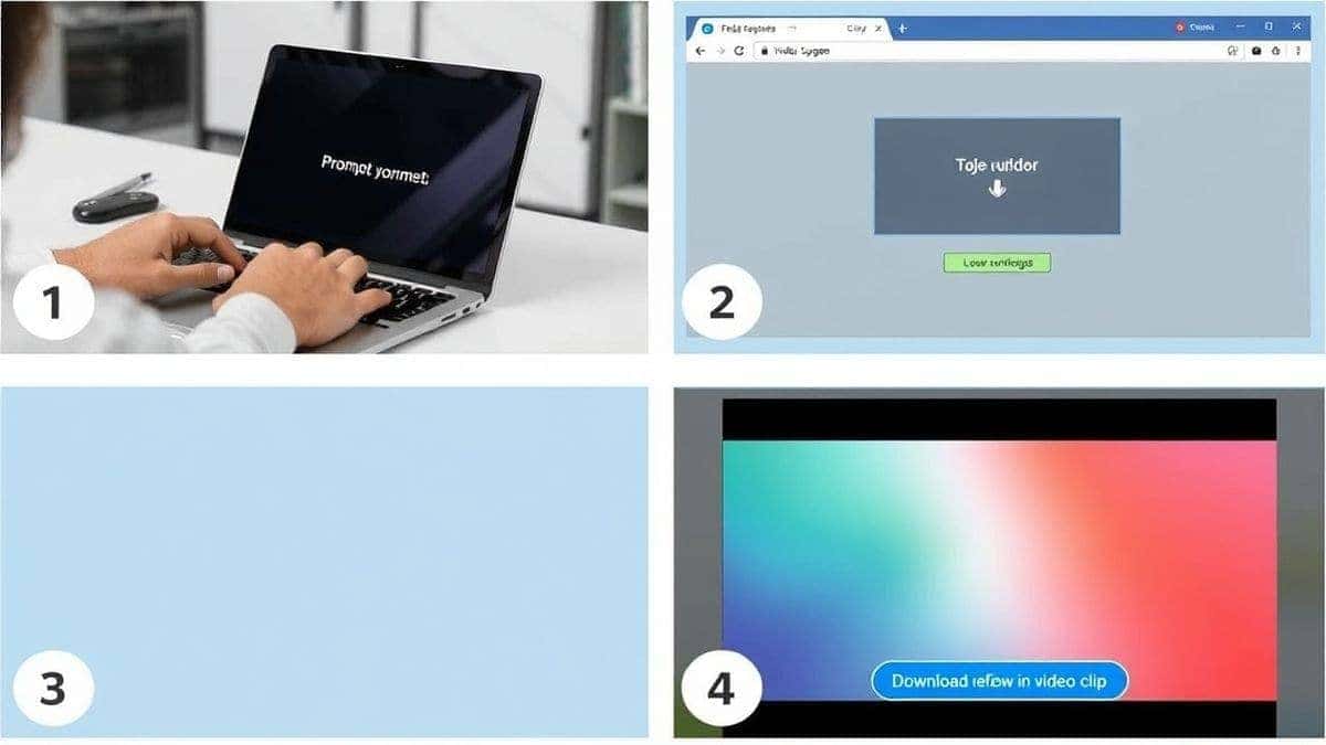 Step-by-step visual guide showing four panels: 1. A person typing a prompt on a laptop. 2. The Free AI Video Generator interface with a prompt entered. 3. A loading animation on the screen. 4. A 'Download' button appearing below a finished video clip, clear, instructional, bright colors