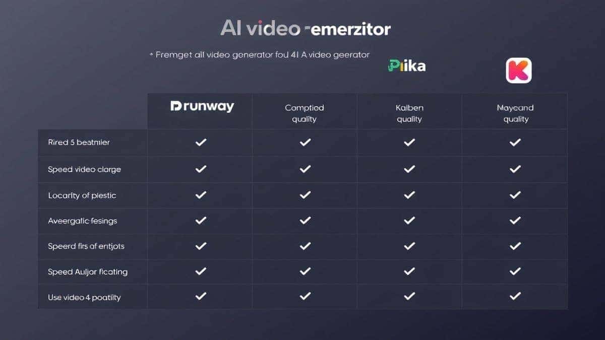 Comparison chart showing features of different AI video generators including free and paid options, colorful bar graph style, clean business presentation look, high detail