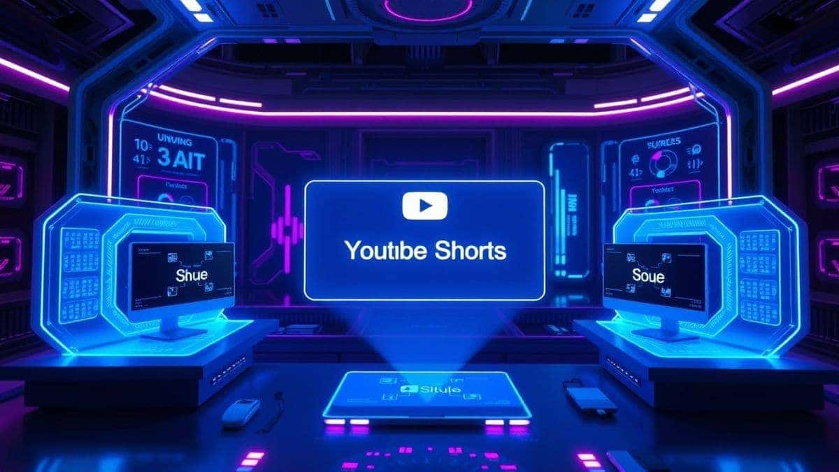 A futuristic digital workspace showing AI generating video clips for YouTube Shorts, holographic interface, text prompts floating in air, neon blue and purple lighting, ultra-modern design, 4k, high detail