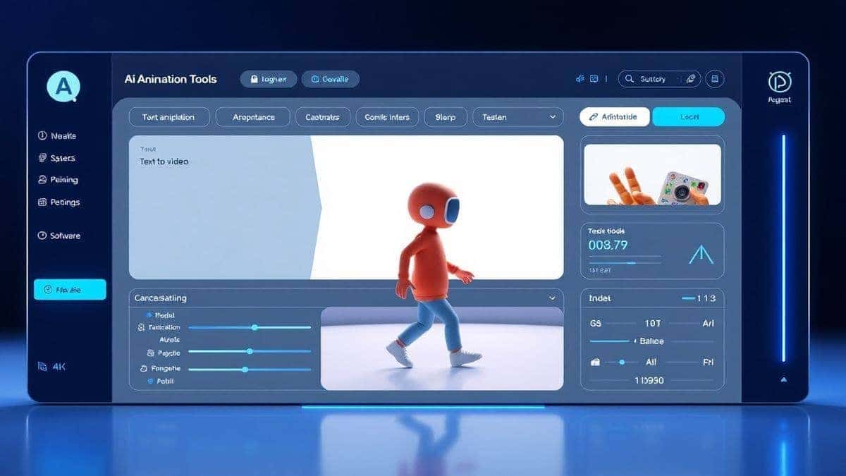 A futuristic and clean software dashboard interface showing AI animation tools, featuring a text-to-video input field and a rendered video clip of a vibrant 3D character walking, modern UI, soft blue lighting, 4k resolution, high tech aesthetic