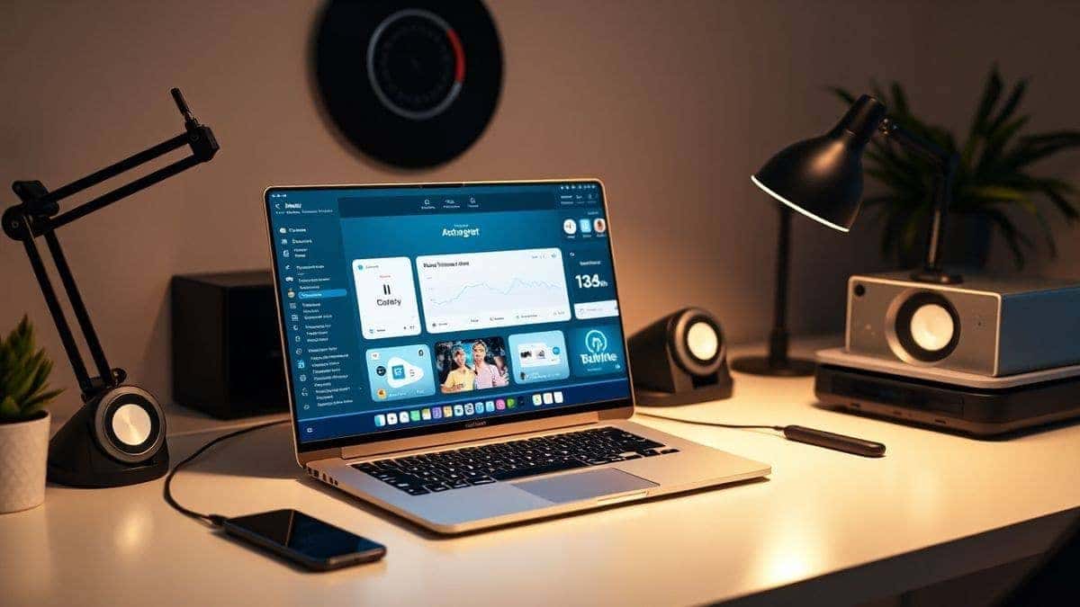 modern content creator workspace with multiple AI tool interfaces, professional creator using laptop, clean minimalist desk setup, warm lighting, 4k quality, professional photography style