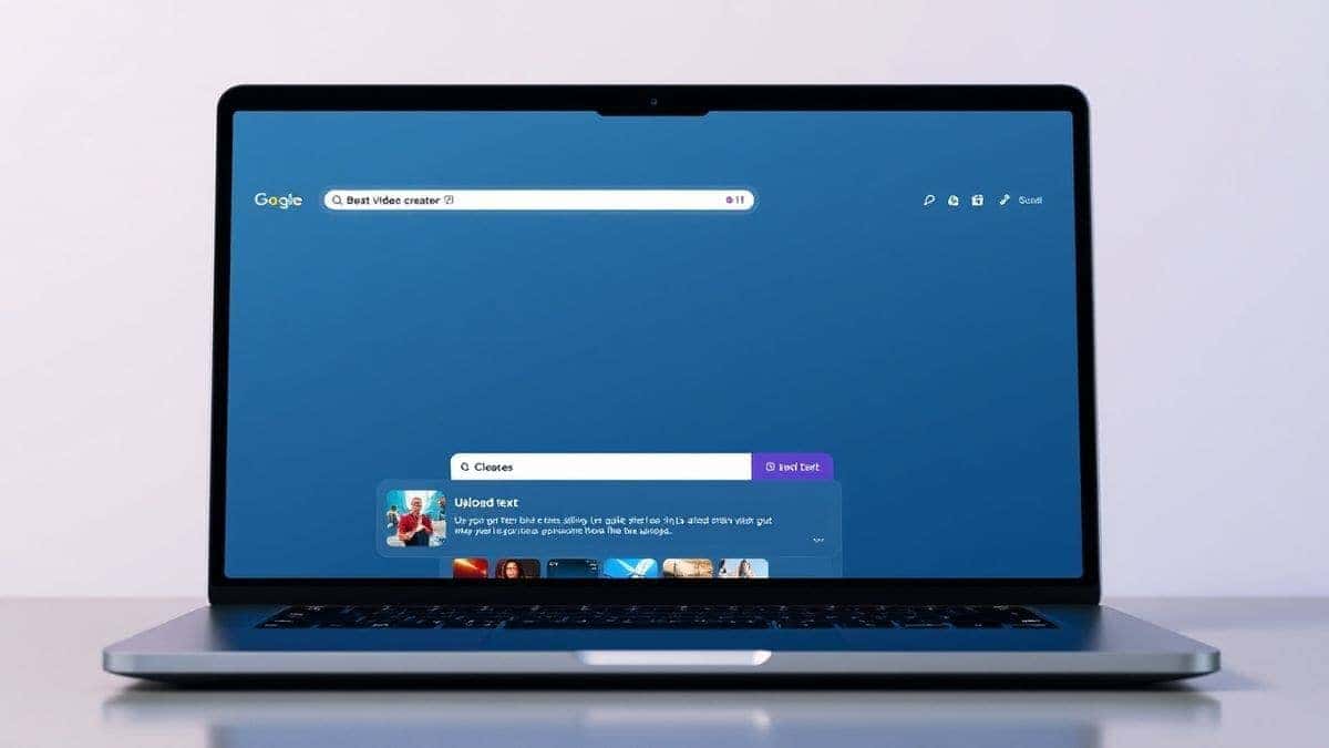 A sleek, modern web browser interface open on a laptop, showing the dashboard of the best AI video creator online, with a text box and upload area, futuristic style, 4k, high resolution