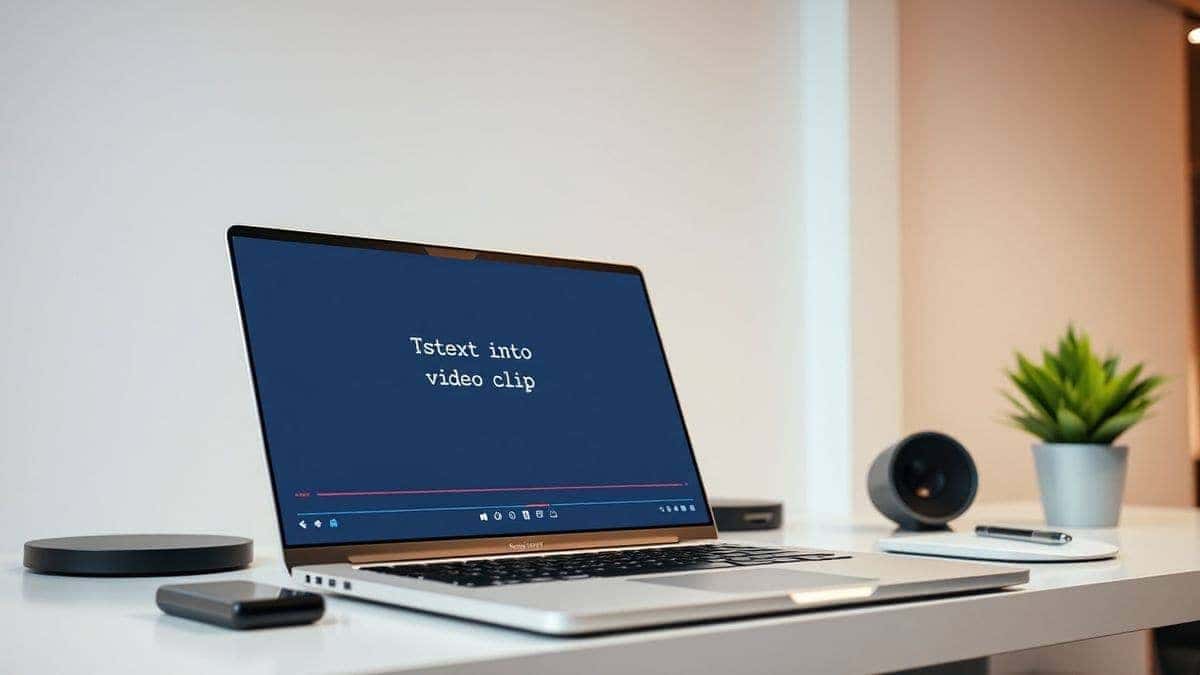 A modern, clean workspace setup with a laptop displaying an AI video generation interface, showing a text prompt transforming into a video clip. The style is futuristic, bright, and professional, 4k, high detail