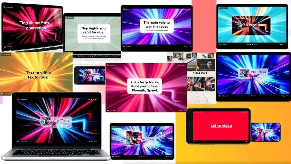 A vibrant collage showing various AI video generator interfaces on laptop and smartphone screens, featuring text-to-video and image-to-video transformation examples, modern digital art style, 4k, high detail