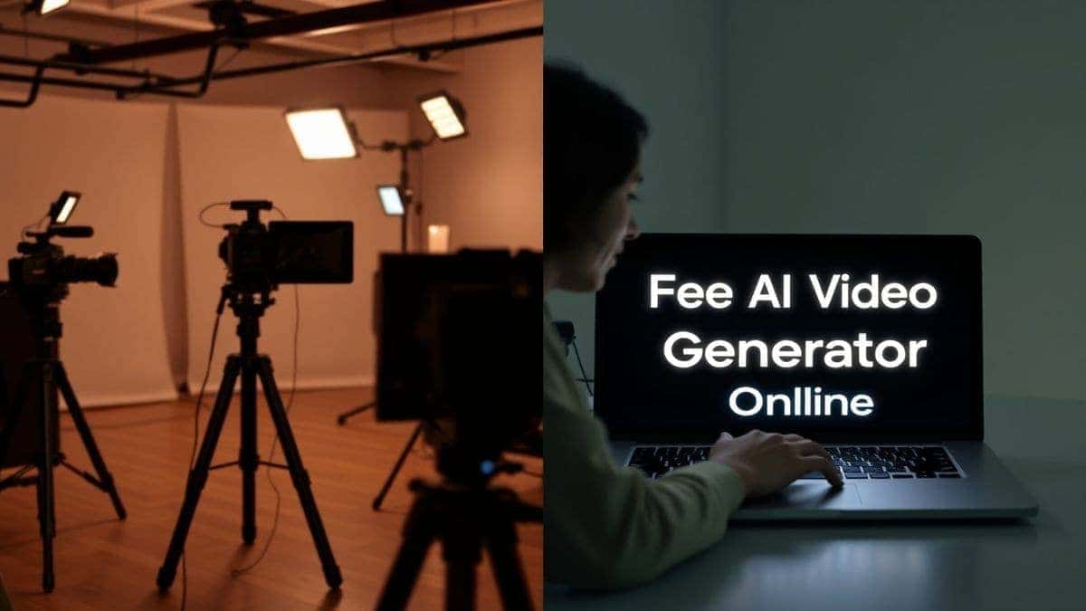 Split screen comparison, left side showing a stressful traditional video shoot with cameras and lights, right side showing a calm person typing on a laptop with the words 