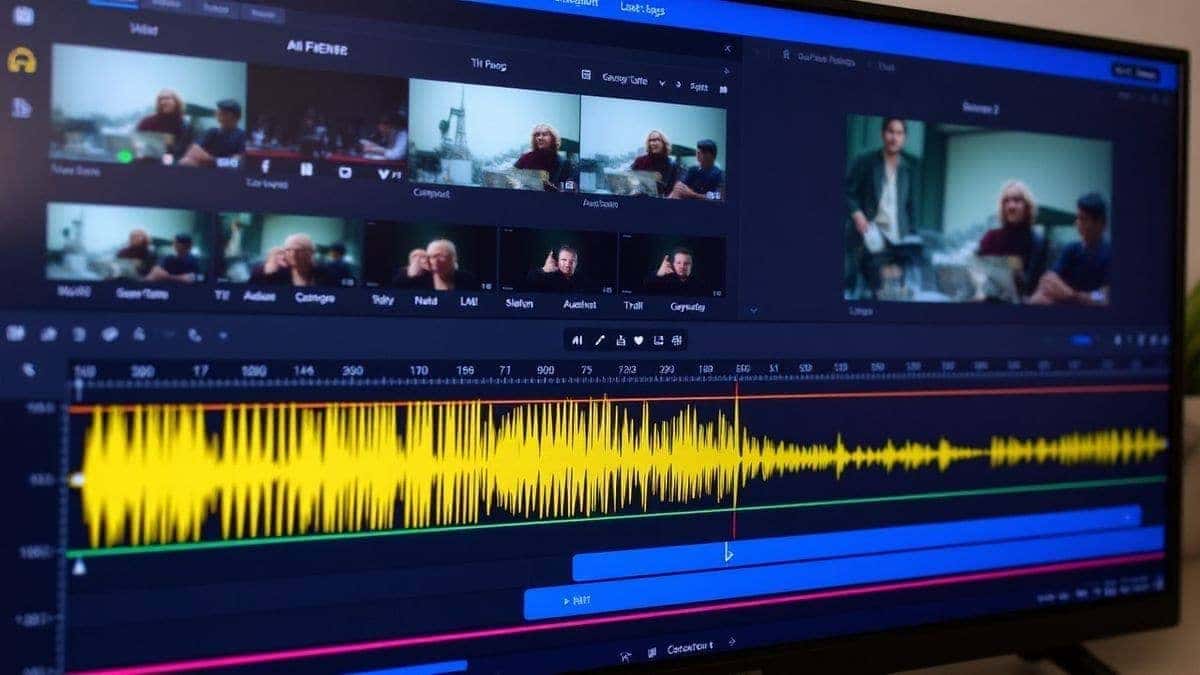 Video editing timeline interface with multiple layers, clips labeled 'AI Generation 1', 'AI Generation 2', waveforms for audio, professional editing software on a high-resolution monitor