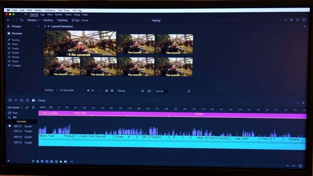 Video editing software timeline showing multiple 5-second AI generated clips arranged in sequence, with green audio wave files and pink auto-caption tracks, professional workflow setup, high resolution monitor display