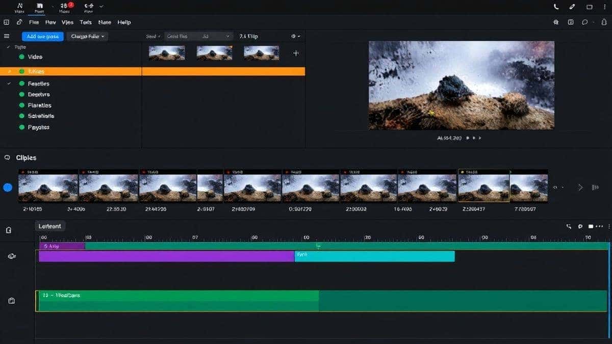 video editing software timeline showing multiple 5-second AI generated clips arranged in sequence, professional editing workspace, colorful tracks, high resolution