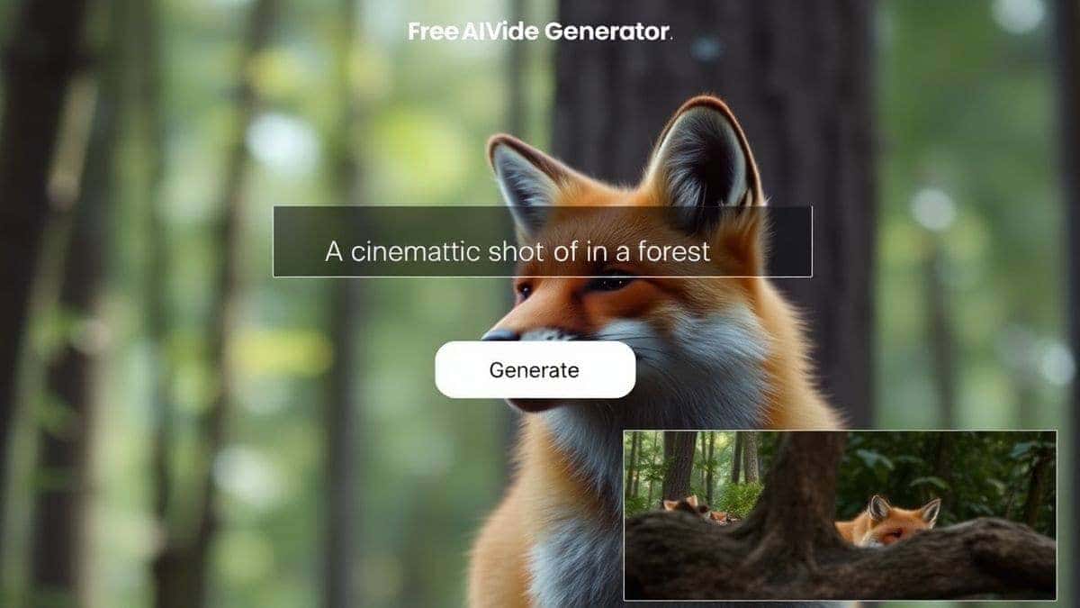 Close up screenshot of the Free AI Video Generator Online interface, showing a text input box with the prompt 'a cinematic shot of a fox in a forest', a glowing generate button, and a recently rendered video thumbnail, clean modern web design, bright and inviting colors