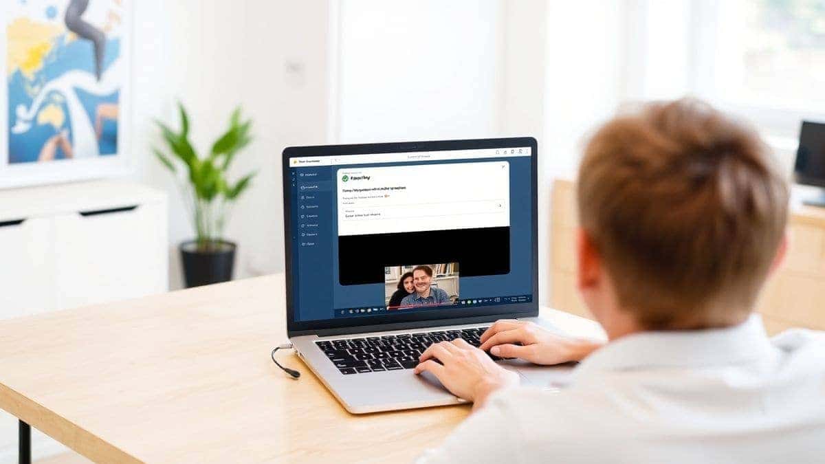 A person sitting at a desk smiling at a laptop screen showing the Free AI Video Generator dashboard. The screen has a text input field with a sample prompt and a rendered video playing. The room is bright and modern, representing productivity and ease of use.