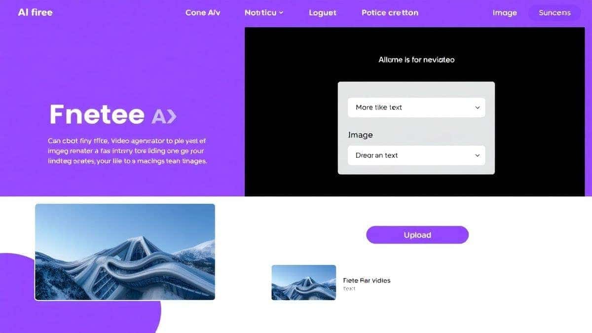clean minimal interface of free AI video generator showing text input field and image upload area, modern web design with purple accent colors, high resolution screenshot