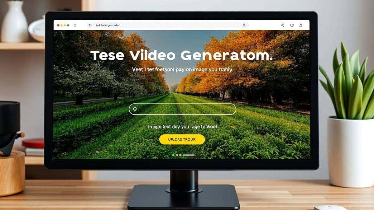 Screenshot mockup of the Free AI Video Generator Online – Text to Video & Image to Video website interface on a desktop computer, showing the text input field and image upload button, user-friendly design, bright modern colors, 4k Screenshot mockup of the Free AI Video Generator Online – Text to Video & Image to Video website interface on a desktop computer, showing the text input field and image upload button, user-friendly design, bright modern colors, 4k